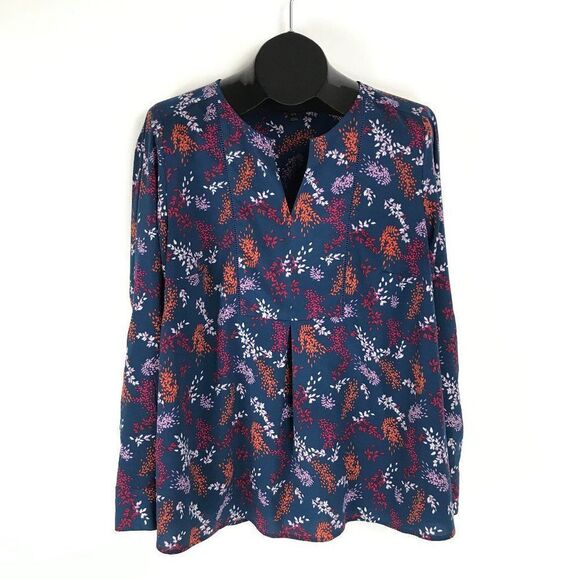 Lane Bryant Floral Leaf Print Blouse Women's Plus 14/16 Roll Tab Split V-Neck - Picture 1 of 10